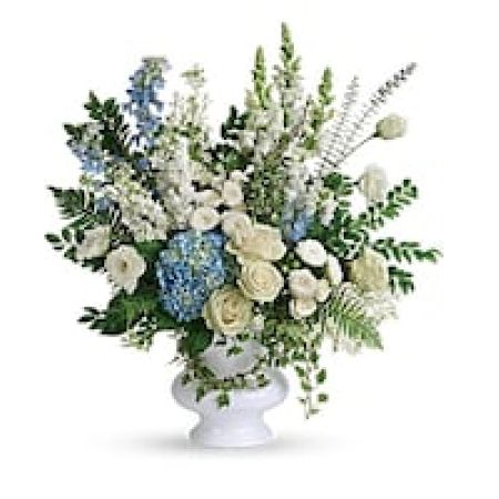 My Lady's Florist Westland - A treasured tribute to your beloved, this gorgeously grand bouquet of soft blue hydrangea and pure white roses is reminiscent of a clear sky, a hopeful reminder of life and love.