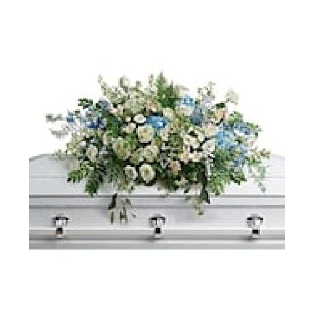 My Lady's Florist Westland - As soft and delicate as a tender remembrance, this stunning spray of sky blue hydrangea and pure white roses brings a fresh, natural beauty to the casket.\n