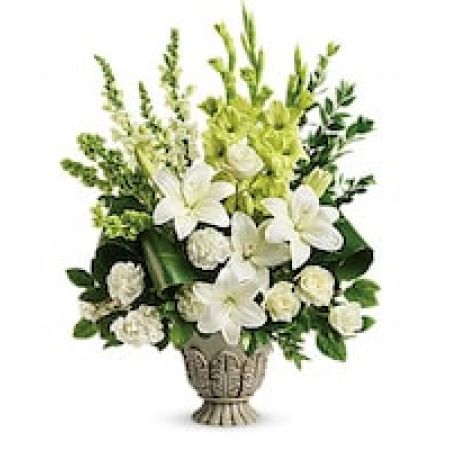 My Lady's Florist Westland - Peaceful and majestic in a large antiqued pot, this wondrous white arrangement is a touching tribute to a bright life, and your unending support.\n