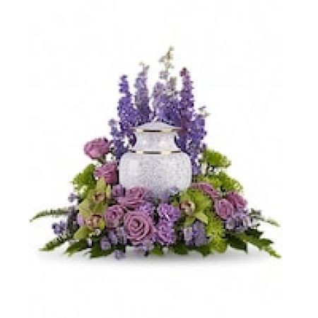 My Lady's Florist Westland - Soft lavender and green blooms to surround the urn, like a peaceful, contemplative garden.