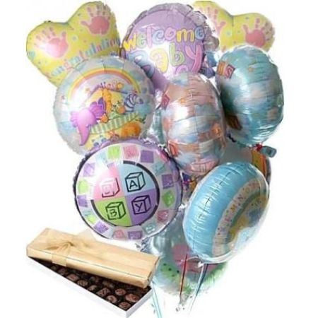 My Lady's Florist Westland - <br />
This bouquet consists of assorted 10 new baby mylar balloons and a pack of Ghiradeli chocolate.<br />
<br />
    Components may vary<br />
    The balloon designs may vary<br />
<br />