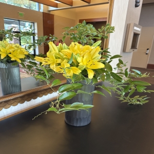 Dottie's Flowers and Plants Los Angeles - Brighten any space with the radiant joy of fresh yellow lilies, elegantly arranged in a sleek, textured grey vase. These stunning blooms exude a sweet, delicate fragrance and a cheerful energy, perfect for expressing sympathy, congratulations, or simply "thinking of you." Send sunshine and positivity with this beautiful lily bouquet – a timeless gift to lift spirits and illuminate any occasion. It's a vibrant, unforgettable display of floral artistry that adds a touch of natural elegance to any home or office.