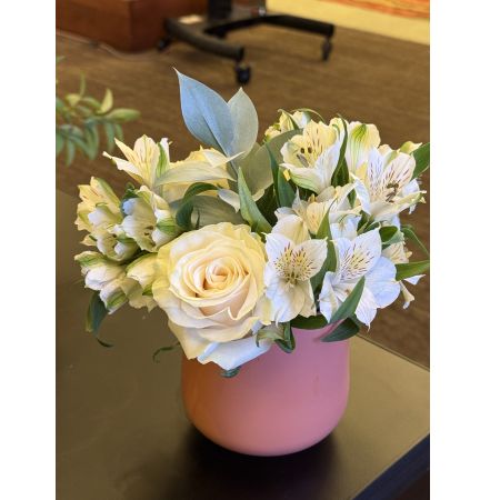 Beaverton Florists- Demo Beaverton - Bathed in soft hues, this elegant floral arrangement brings a touch of serene beauty to any space. Creamy roses, delicate lilies, and vibrant alstroemeria intertwine, creating a captivating fragrance and visual texture. Presented in a blush-toned ceramic vase, it’s a perfect expression of sympathy, gratitude, or simply “thinking of you.” Send this beautiful bouquet to brighten someone’s day with a classic gift of fresh flowers.