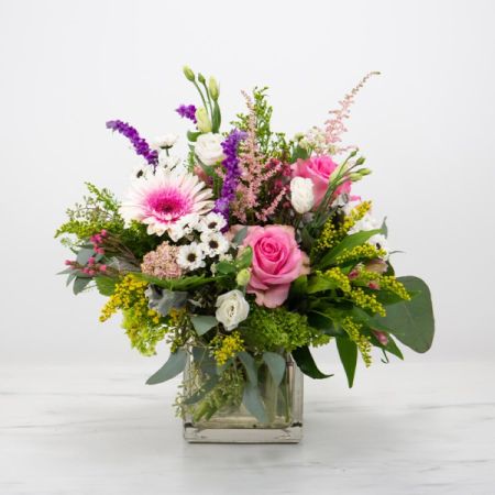 Beaverton Florists- Demo Beaverton - Soft pastels are on display in this graceful arrangement of florals, beautifully arranged in a classic glass vase.

Size: 11 x 10 x 12

STEMS INCLUDED:
Gerberas
 | 
Roses