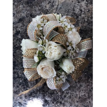 Flowers By Fairytales Elk Grove - White spray roses with a little bit of sparkle! Customers may choose the color of the ribbon and the flowers.