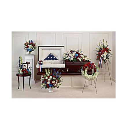 The Flower Box Kingsville - Proud and patriotic, this collection of seven hand-made sympathy pieces honors a life of distinguished service with beautiful arrangements of red, white and blue blooms.\n