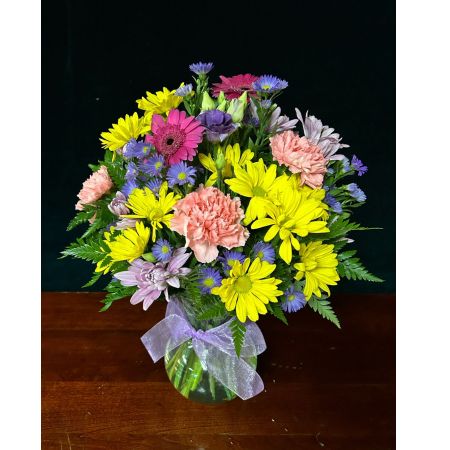 The Flower Box Kingsville - A designer’s choice with gerber daisies, yellow daisies, carnations and spray roses 