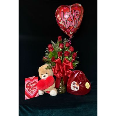 The Flower Box Kingsville - Fully loaded red roses 
Bear
Hand written card
Large chocolates
Balloon