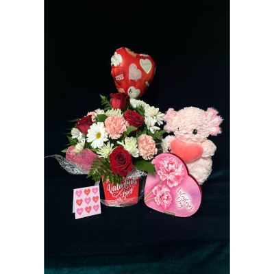 The Flower Box Kingsville - Valentine’s Day arrangement in box
Axolotl 
Small chocolates 
Small hand written card
Pick balloon