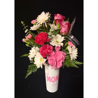 The Flower Box Kingsville - Remind your mama how much you appreciate her with flowers AND a daily keepsake companion! A gorgeous assortment of pink roses, daisies and hydrangea won't be the only love you send when a 20 oz tumbler keeps mom's tea hot and water cold all year round! *Final flower mixture MAY change due to availability. 20 OZ "Best Mom Ever" tumbler guarantee to all pre-orders!