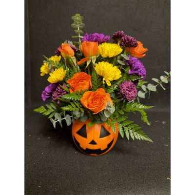 The Flower Box Kingsville - Mixed arrangement all around in small pumpkin plastic container