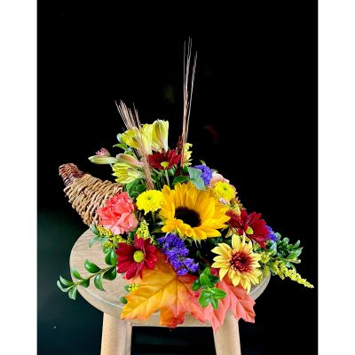 Fortin Gage Nashua - A gorgeous cornucopia filled with long lasting flowers to show gratitude for the season. A perfect hostess gift!