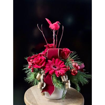 Fortin Gage Nashua - Ring in the holidays with this cheerful arrangement! Red roses and amarone  Gerbera are accented with burgundy velvet. A cardinal keepsake is the finishing touch. 