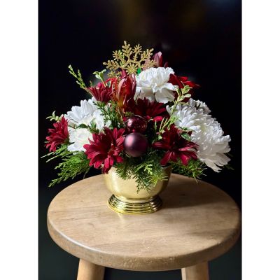 Fortin Gage Nashua - A perfect coffee table arrangement in a gold tone container adorned with festive ornaments, red roses, cremon and more. 