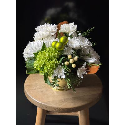 Fortin Gage Nashua - A coffee table sized arrangement that is sure to deck the halls! Featuring long lasting flowers in a gold toned container. Velvet magnolia leaves compliment the green hydrangea and cremon 