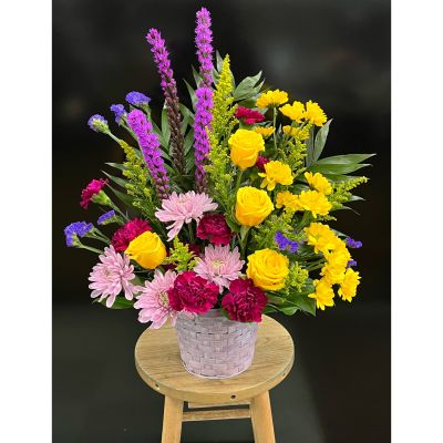 Fortin Gage Nashua - A beautiful mix of purples and yellows in a lavender basket. 