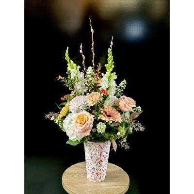Fortin Gage Nashua - This tall soft display is reminiscent of Mother’s soft and continuous love. The local pussy willows are the perfect spring touch to this arrangement. Featuring roses, rose gold eucalyptus, snap dragon and more. 