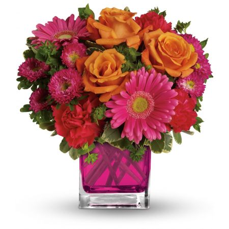 Madison Avenue Florist Sacramento - Turn up the heat with Teleflora's Turn Up The Pink Bouquet, a hot pink haute couture creation that is super chic and oh-so-fun. Presented in a fuchsia Cube vase, this girly mix of gerberas and roses is sure to warm her heart. The brilliant bouquet features lush orange roses, hot pink gerberas, carnations, and Matsumoto asters, accented with bupleurum and variegated pittosporum. Delivered in a glass Cube, this arrangement is approximately 11 inches tall. With our same-day flower delivery, you can effortlessly send Turn Up The Pink Bouquet and add a burst of vibrant color and joy to someone's day promptly. It's a stylish and playful choice for various occasions where you want to make a bold and fashionable statement.






