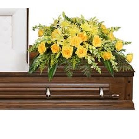 Flowers In Design Sacramento - Sun & Sky Casket Flowers, a display of beautiful roses, lilies, mums and various other fill flowers. As shown is an open lid design suitable for viewing your loved one. This can be designed for a full casket for closed lid services. 