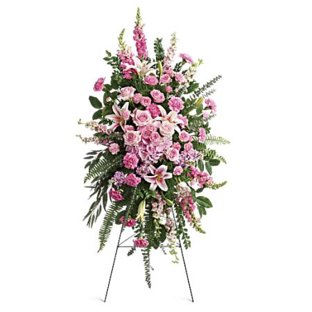 Orangevale Florist Sacramento - The "Glorious Farewell Spray" is a beautiful and feminine arrangement designed as a heartfelt farewell to someone deeply loved. This spray features delicate pink hydrangea, roses, and lilies, creating a soft and elegant display. The choice of pink blooms symbolizes love, admiration, and gratitude, making it a fitting tribute to honor the memory of a cherished individual. The arrangement is crafted to express comfort and sympathy, offering a visual representation of the beauty and grace associated with the departed. Placed on an easel for display, the "Glorious Farewell Spray" serves as a touching expression of love and a comforting presence during a time of mourning.





