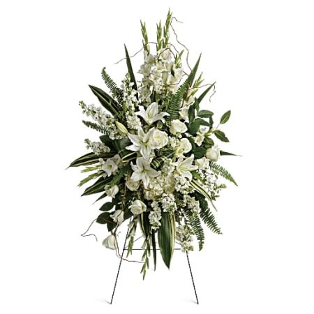 Orangevale Florist Sacramento - The "Heartfelt Sympathy Spray" is a serene and elegant arrangement crafted to express condolences and heartfelt sympathy. Comprising a selection of white flowers including hydrangeas, roses, oriental lilies, gladioli, and stock, the spray emanates a sense of purity and peace. The white blooms symbolize reverence, innocence, and remembrance, creating a fitting tribute to honor the memory of a loved one. Enhanced with elements like pitta negra, sword fern, curly willow, variegated aspidistra leaves, and lemon leaf, the arrangement is designed to offer comfort and solace during a time of grief. Placed on an easel, the "Heartfelt Sympathy Spray" serves as a meaningful expression of sympathy and a tribute to the life that was cherished.





