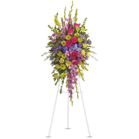 Orangevale Florist Sacramento - The "Bright and Beautiful Spray" by Teleflora is a vibrant and colorful tribute that reflects the diverse spectrum of emotions experienced when remembering a cherished loved one. This spray features a rich array of blooms in various hues, symbolizing the different facets of life and the memories shared with the departed. The use of bright and beautiful flowers creates a visually stunning arrangement, conveying a sense of celebration and appreciation for the life that was lived. This heartfelt spray serves as a powerful expression of love and remembrance, providing comfort and solace to those mourning the loss of their dear one. Placed on an easel, the "Bright and Beautiful Spray" stands as a radiant symbol of the enduring impact of a life well-lived.





