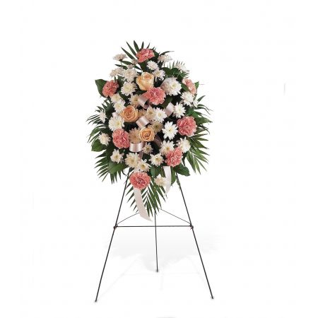 Orangevale Florist Sacramento - The "Gentle Thoughts Spray" is a beautiful expression of sympathy, using pink and white flowers to convey deep condolences with utmost gentleness. This thoughtful arrangement is designed to offer comfort and support to those mourning the loss of a loved one. The soft and delicate hues of pink and white blooms, combined with lush greenery, create a serene and calming atmosphere. Presented on an easel, the spray is a heartfelt tribute that extends compassion and solace to all those in attendance at the memorial service. Its elegant design and soothing colors make it a meaningful and respectful gesture during a time of grief.





