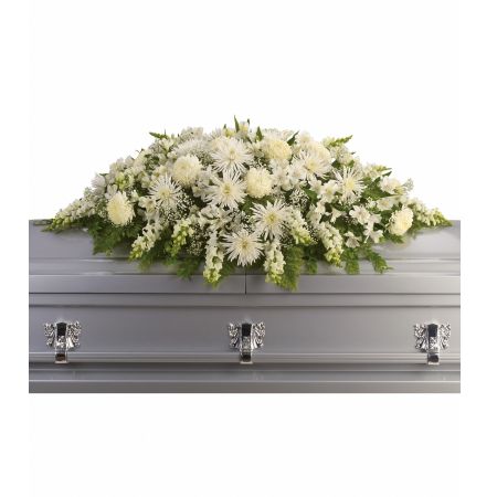 Flowers In Design Sacramento - The purity of this all-white FULL CASKET spray creates an aura of serenity and peace - a beautifully memorable final farewell to a lost loved one. This is a full casket designed for a closed lid service. This item is only made in one size, NOTE IT IS TOO LARGE FOR AN OPEN LID CASKET SERVICE.