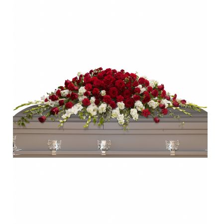 Flowers In Design Sacramento - A traditional tribute that communicates deep love and eternal commitment. This dramatic red and white casket spray is ideal for a full couch or closed casket. A mix of deep red roses with the pure white beauty of gladiola and stock. This design is specifically for a closed casket lid only