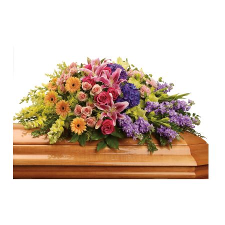 Flowers In Design Sacramento - Bring a gentle radiance to the memorial service with this lovely multicolored casket spray of roses, lilies and other favorites. A beautiful way to honor the departed. Shown is designed for an open lids casket for viewing your loved one. Available in a full for closed lid.