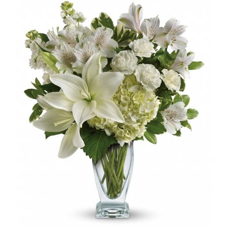Madison Avenue Florist Sacramento - Mirror the purest love with Purest Love Bouquet – a snow-white masterpiece that makes a stunning statement of affection. This captivating arrangement features a mix of hydrangea and lilies elegantly presented in clear vase, creating a breathtaking display. With our same-day flower delivery, you can effortlessly send the Purest Love Bouquet, allowing the recipient to experience the timeless beauty of white blooms promptly. Whether you're expressing deep love, celebrating a special occasion, or simply surprising someone dear, this bouquet is a refined and sophisticated choice that captures the essence of pure and heartfelt emotions.





