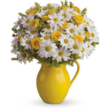 Madison Avenue Florist Sacramento - Picture someone receiving this sunny pitcher of daisies! It's so bright and full of warmth, it's guaranteed to make them smile. Besides being the perfect bouquet for any occasion, the dazzling yellow ceramic pitcher can be used and enjoyed for years to come.