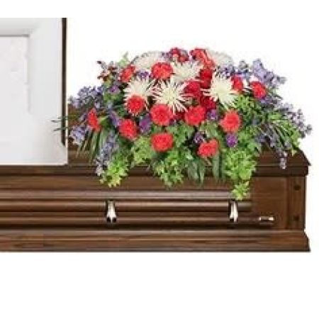Flowers In Design Sacramento - Honorable Dedication Casket Spray, With Carnations, Mums, Alstroemeria and Bells of Ireland. Shown in Half casket for an open viewing of your loved one. 