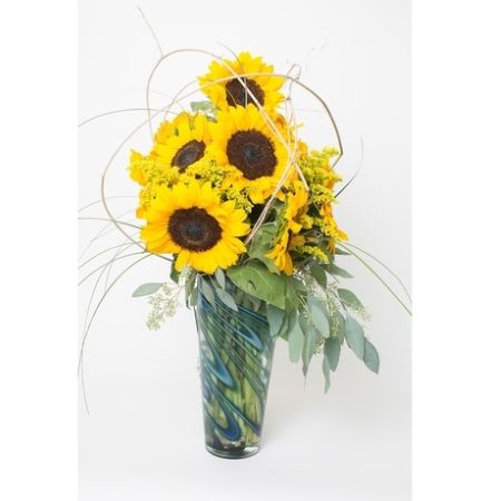 Conroy's Flowers Mission Viejo Mission Viejo - Vibrant sunflowers designed in an Art Glass Vase for an impressionist look.\tCONROY'S CUSTOM DESIGN BY YANG, WILL CALL OR LOCAL DELIVERY ONLY

