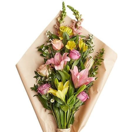 Conroy's Florist & Flower Delivery Mission Viejo - The Pink Meadows Bouquet is a delightful ensemble of blooming beauty that evokes the charm and grace of a picturesque meadow in full bloom. Soft shades of pink dominate this arrangement, with a variety of flowers coming together to create a harmonious composition.

Gorgeous pink and yellow lilies add a touch of elegance and sophistication, while the gentle petals of roses infuse romance into the bouquet. Alstroemerias contribute a delicate flair, and the snapdragons provide vertical interest with their spiky blooms. Myrtle foliage adds a hint of greenery, enhancing the overall freshness of the arrangement.

Incorporating a perfect balance of colors and textures, the Pink Meadows Bouquet is a whimsical and enchanting creation, radiating joy and capturing the essence of a tranquil meadow in full bloom.