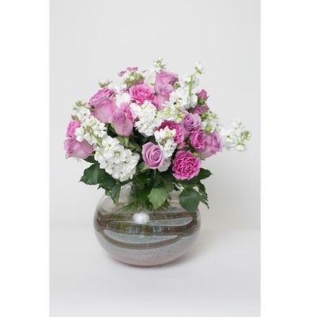 Conroy's Florist & Flower Delivery Mission Viejo -  Blossoms of pink roses, white stock and pink spray roses, arranged beautifully in a pale pink art glass vase.\tCONROY'S CUSTOM DESIGN BY YANG, WILL CALL OR LOCAL DELIVERY ONLY
