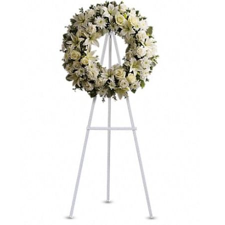 Conroy's Florist & Flower Delivery Mission Viejo - A ring of fragrant, bright white blossoms will create a serene display at any funeral or wake. This classic wreath is delivered on an easel, and is a thoughtful expression of sympathy and admiration.
