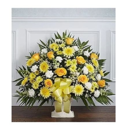 Conroy's Florist & Flower Delivery Mission Viejo - Sometimes a small ray of hope is just what is needed to get through the difficult days following the loss of a loved one. Our elegant floor basket arrangement in sunny hues, handcrafted by our caring florists with warm yellow and white blooms, is a tasteful gesture perfectly suited for the funeral home or memorial services.

Floor basket arrangement of yellow roses, cremones, carnations, and daisy poms; white snapdragons; casino; accented with soft, lush greenery
Large arrangement measures approximately 36&#34;H x 38&#34;L
Medium arrangement measures approximately 34&#34;H x 32&#34;L
Small arrangement measures approximately 32&#34;H x 30&#34;L
Appropriate for the funeral home
Our florists use only the freshest flowers available, so colors and varieties may vary