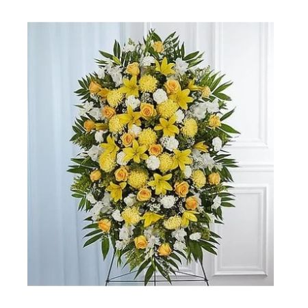 Conroy's Florist & Flower Delivery Mission Viejo - A ray of hope can mean everything after the loss of a loved one. Both bright and abundant, our impressive standing spray arrangement, meticulously handcrafted by expert local florists with sunny yellow and rich white blooms, offers a grand gesture of peace, comfort and light during a difficult time.

Standing spray arrangement with yellow roses and daisy poms; white yellow Asiatic lilies , gladiola, yellow football mums , carnations and monte casino; accented with soft, lush greenery
Large measures approximately 56"H x 38"L without stand
Medium measures approximately 46"H x 34"L without stand
Small measures approximately 42"H x 30"L without stand
Arrives on an easel
Appropriate for the funeral home or gravesite
Our florists use only the freshest flowers available, so colors and varieties may vary due to local availability