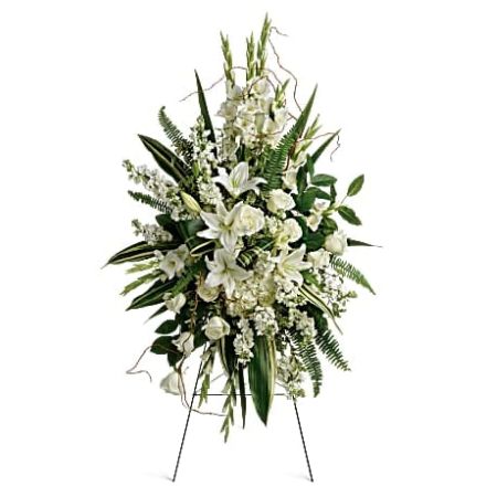 Conroy's Florist & Flower Delivery Mission Viejo - This beautiful spray includes white hydrangea, white roses, white oriental lilies, white gladioli, white stock, pitta negra, sword fern, curly willow, variegated aspidistra leaves, and lemon leaf. Delivered on a wire easel.