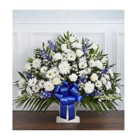 Conroy's Florist & Flower Delivery Mission Viejo - Offer the peace and tranquility that comes from classic blue and white flowers. Our elegant floor basket arrangement, handcrafted by our caring florists with pristine white and blue blooms, is a tasteful gesture perfectly suited for the funeral home or memorial services.
