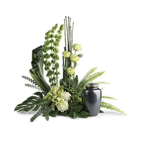 Conroy's Florist & Flower Delivery Mission Viejo - Infuse the service with a serene and tranquil ambiance using this sophisticated orchid arrangement inspired by the East, designed to complement the cremation urn exquisitely.

This distinctive arrangement showcases miniature green hydrangea, green cymbidium orchids, green orchids, green carnations, green trick dianthus, bells of Ireland, white disbud chrysanthemums, green button spray chrysanthemums, green hypericum, equisetum, sword fern, aspidistra leaves, and lush greenery. Please note that the urn is not included.

Orientation: One-Sided