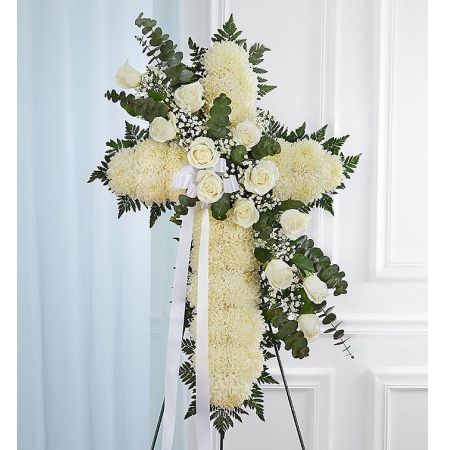 Conroy's Florist & Flower Delivery Mission Viejo - Honor a lifetime of faithful devotion with our beautiful standing cross arrangement. Our expert florists handcraft each of these impressive displays with a bed of white mums in the shape of a cross, and accent with a cascade of crisp white roses. It is a beautiful way to offer peace and comfort during a difficult time.