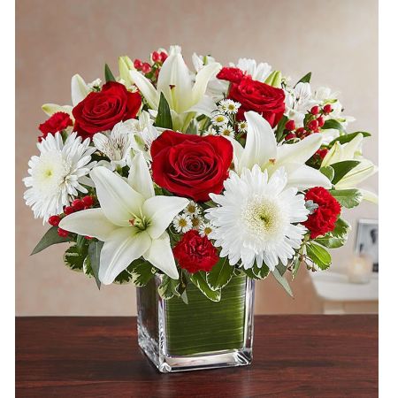 Conroy's Florist & Flower Delivery Mission Viejo - The color most related the heart, let red serve as a reminder that they will live forever in the hearts of loved ones. Our sympathy arrangement of timeless red roses, carnations, and white lilies, expertly gathered together in a clear glass cube lined with a Ti leaf ribbon, it is an exquisite gesture of comfort and healing.
