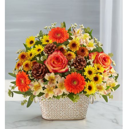 Conroy's Florist & Flower Delivery Mission Viejo - EXCLUSIVE Celebrate a beautiful life with our colorful floral tribute. Gathered with a mix of blooms in rich autumn shades, this elegant arrangement is designed in our Remembrance Cachepot. Featuring an embossed pattern and finished with a gold brushed ivory surface, it’s a gift of enduring love.