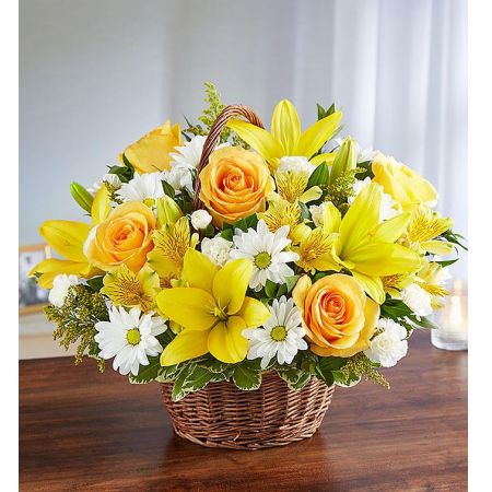 Conroy's Florist & Flower Delivery Mission Viejo - A gesture of light, hope and optimism during a dark time can be all someone needs to brighten their day. Our sunny yellow and white arrangement, artistically designed inside a keepsake willow basket, is a touching way to convey your support and sincerest blessings.