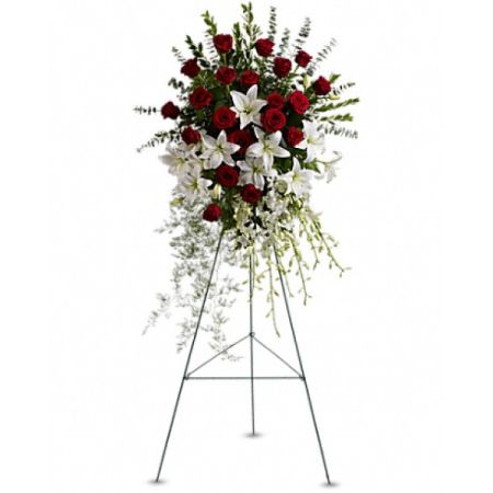 Conroy's Florist & Flower Delivery Mission Viejo - A striking, elegant standing spraymaking a statement of enduring love and tribute with this dramatic lily and rose funeral spray for a beloved , presented on an easel for ease of placement.
Red roses, white asiatic lilies and delicate dendrobium orchids are accented with myrtle, sprengeri fern, leatherleaf fern and spiral eucalyptus on a traditional wire funeral easel.
Orientation: One-Sided

SUBSTITUTION POLICY – Always deliver the freshest flowers!
Please note the bouquet pictured reflects our original design.  If the exact flowers or container in this arrangement are not available, our local florists will create a beautiful bouquet with the freshest available flowers.
