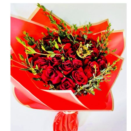 Conroy's Florist & Flower Delivery Mission Viejo - Introducing our "Crimson Crown Bouquet" – a majestic ensemble of three dozen vibrant red roses, each one a symbol of love and passion. Wrapped in luxurious red floral paper and adorned with lush greenery, this stunning arrangement exudes regal elegance. The pièce de résistance is the golden crown nestled among the blooms, adding a touch of opulence and grandeur. Whether it's a declaration of love, a celebration of achievement, or a gesture of admiration, this bouquet is sure to captivate and enchant. Make a statement fit for royalty with our Crimson Crown Bouquet.