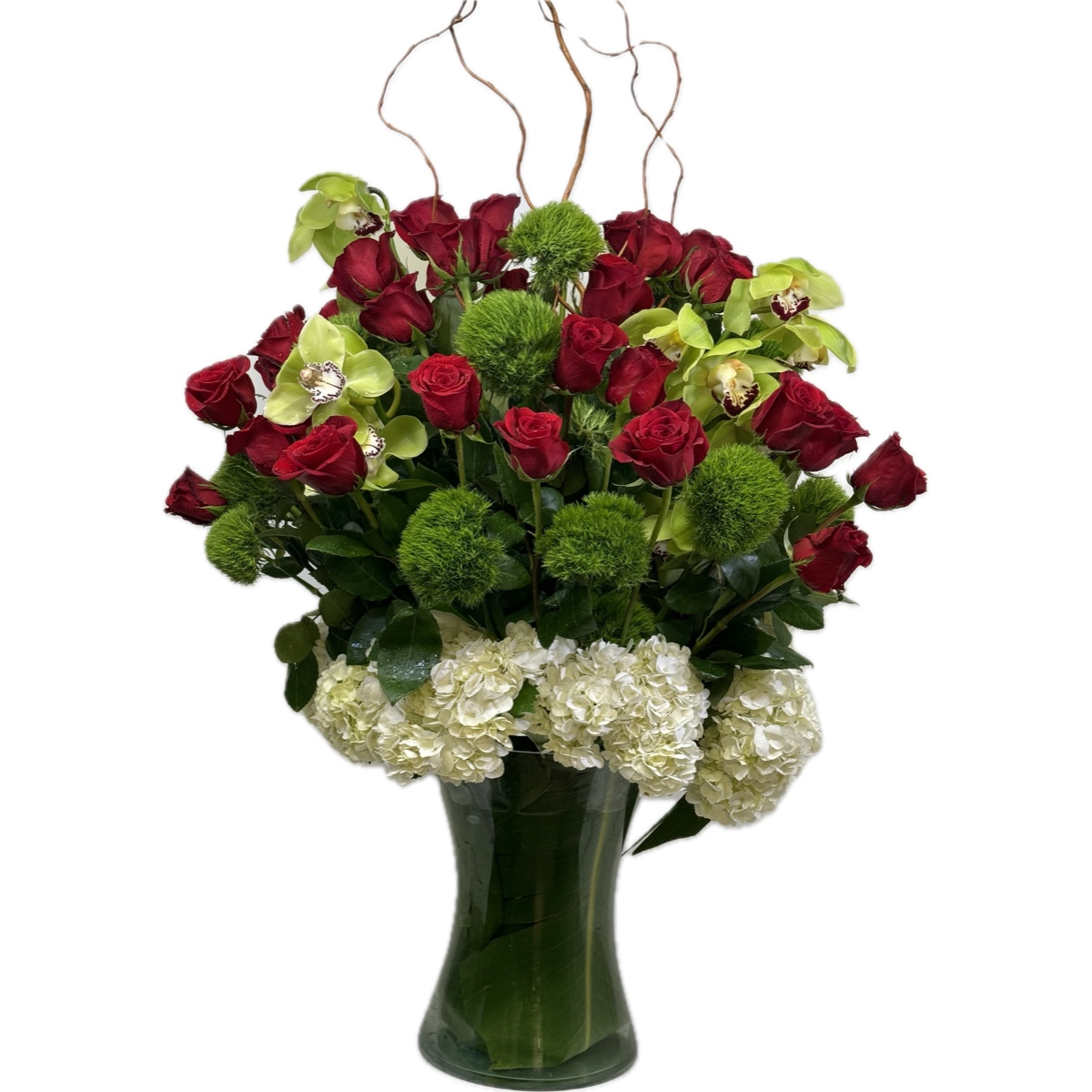 Conroy's Florist & Flower Delivery Mission Viejo - Perfect for symbolizing love, this floral arrangement of rich red roses, delicate green cymbidium orchids and soft white hydrangeas gives it a classic yet fresh appeal. 