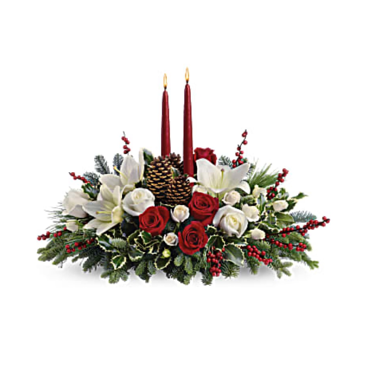 Conroy's Florist & Flower Delivery Mission Viejo - Your wishes for a classic Christmas centerpiece have come true! This elegant arrangement features two glowing red taper candles atop a bed of noble fir, white pine and luxurious roses.
Red Your wishes for a classic Christmas centerpiece have come true! This elegant arrangement features two glowing red taper candles atop a bed of noble fir, white pine and luxurious roses.
Red and white roses are mixed with festive noble fir, white pine and variegated holly beneath two red taper candles.
Red berries and pinecones add to the Christmas fun.
Orientation: All-Around and white roses are mixed with festive noble fir, white pine and variegated holly beneath two red taper candles.
Red berries and pinecones add to the Christmas fun.
Orientation: All-Around